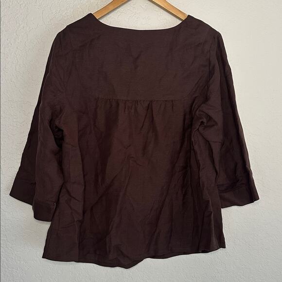 NEW Lane Bryant Chocolate Brown Linen Top 14/16 Fall V Neck Tie 3/4 Sleeve - Picture 6 of 9